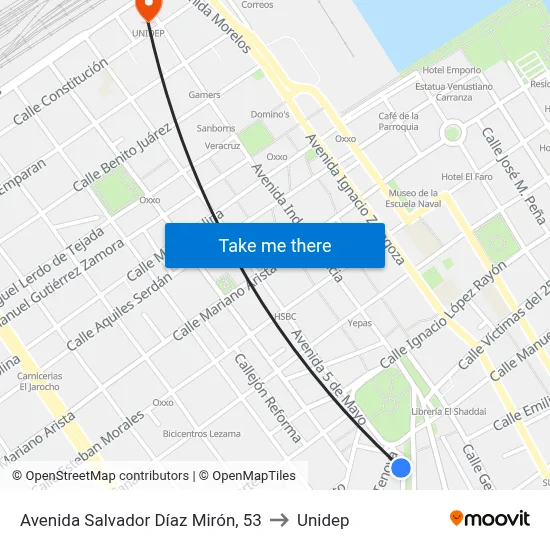 Avenida Salvador Díaz Mirón, 53 to Unidep map