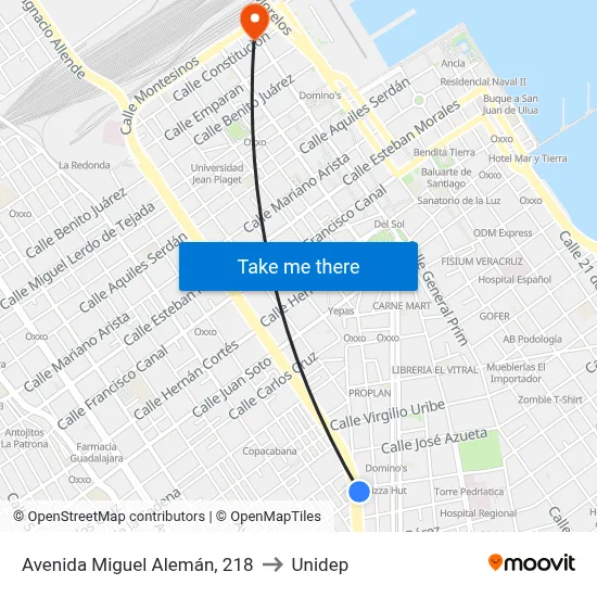 Avenida Miguel Alemán, 218 to Unidep map
