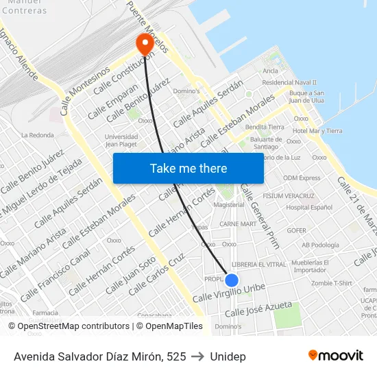 Avenida Salvador Díaz Mirón, 525 to Unidep map