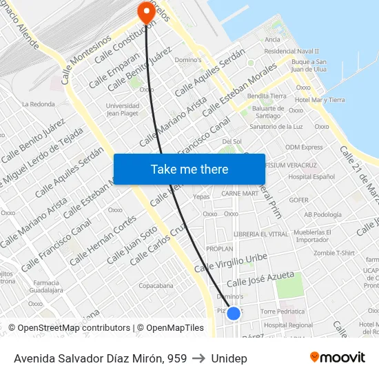 Avenida Salvador Díaz Mirón, 959 to Unidep map