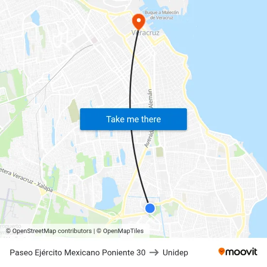 Paseo Ejército Mexicano Poniente 30 to Unidep map