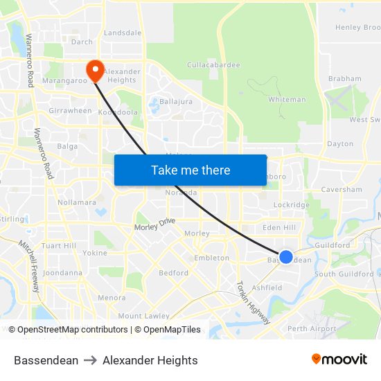 Bassendean to Alexander Heights map