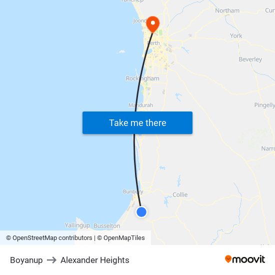 Boyanup to Alexander Heights map