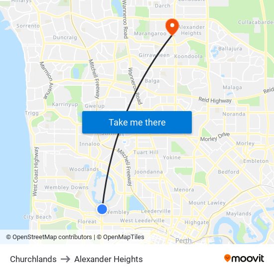 Churchlands to Alexander Heights map