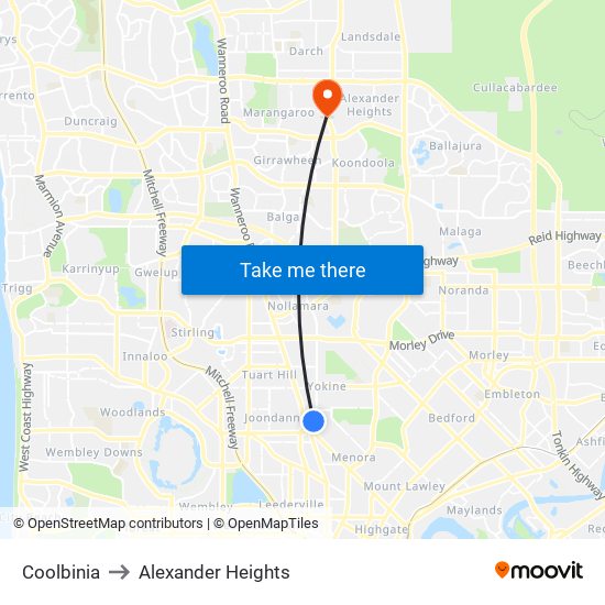 Coolbinia to Alexander Heights map