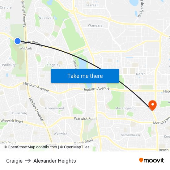 Craigie to Alexander Heights map