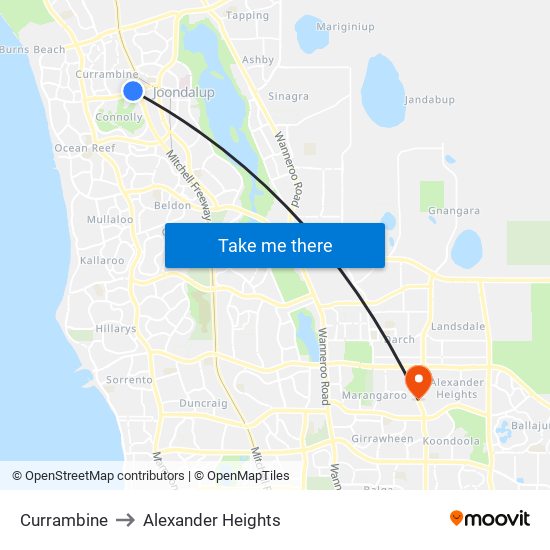 Currambine to Alexander Heights map