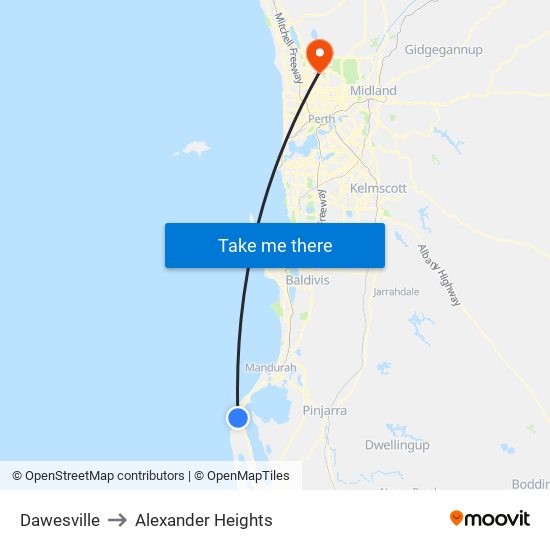 Dawesville to Alexander Heights map