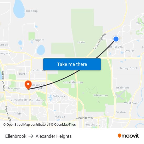 Ellenbrook to Alexander Heights map