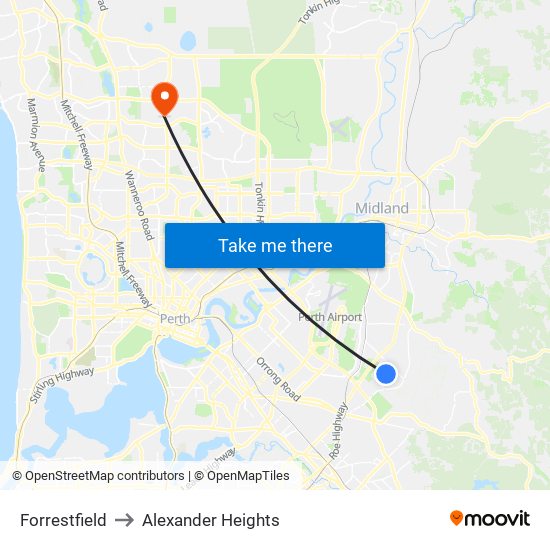 Forrestfield to Alexander Heights map