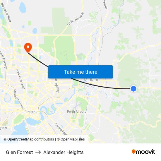 Glen Forrest to Alexander Heights map