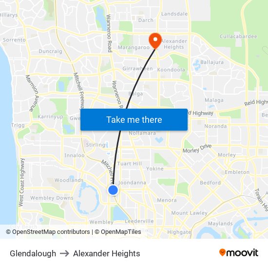 Glendalough to Alexander Heights map