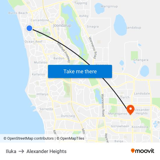 Iluka to Alexander Heights map