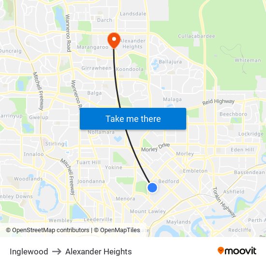 Inglewood to Alexander Heights map