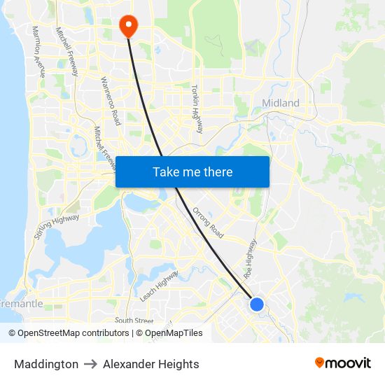 Maddington to Alexander Heights map