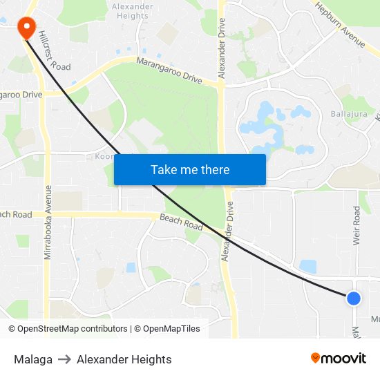 Malaga to Alexander Heights map