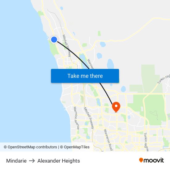 Mindarie to Alexander Heights map