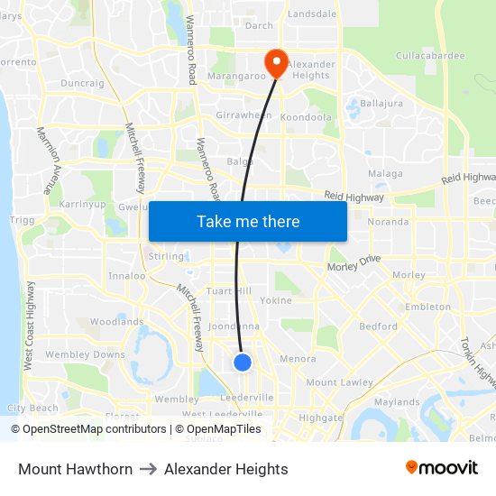 Mount Hawthorn to Alexander Heights map