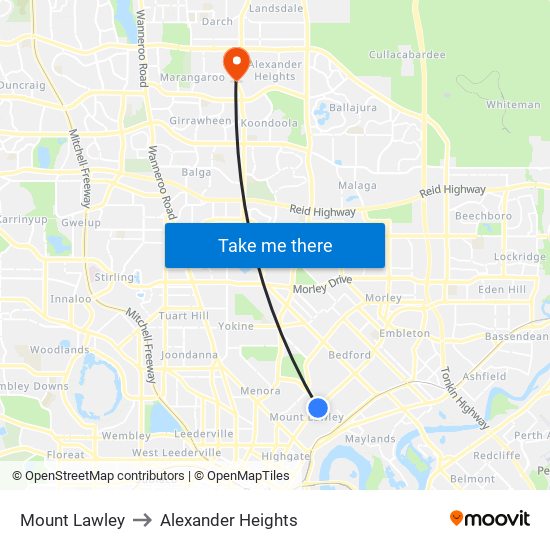 Mount Lawley to Alexander Heights map