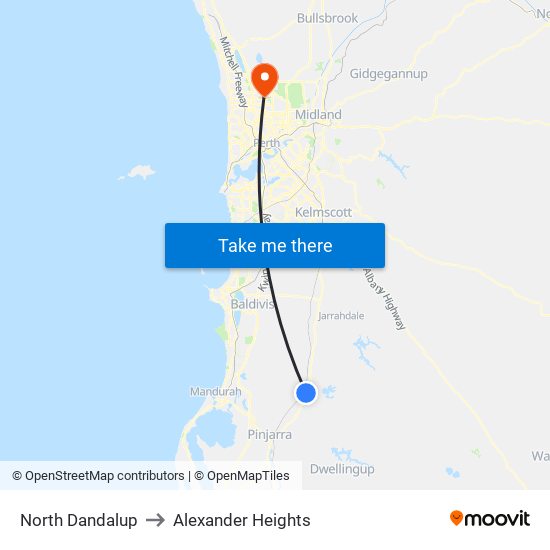 North Dandalup to Alexander Heights map