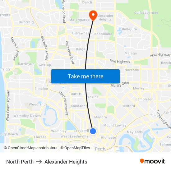 North Perth to Alexander Heights map