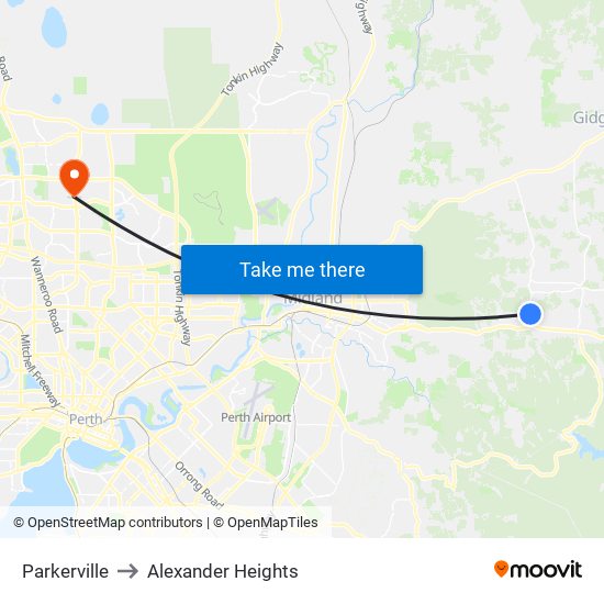 Parkerville to Alexander Heights map