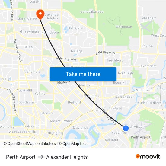 Perth Airport to Alexander Heights map