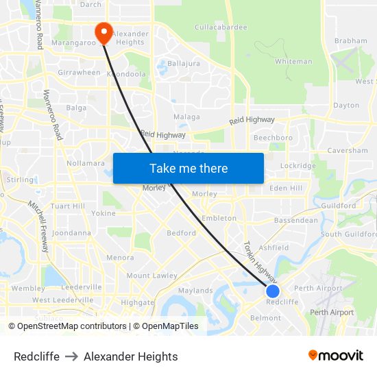 Redcliffe to Alexander Heights map