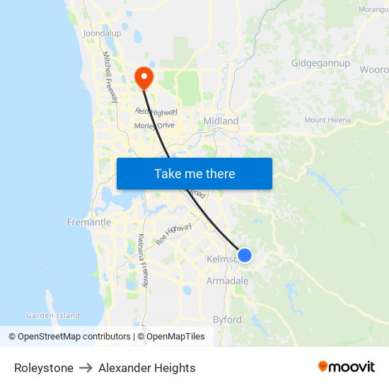 Roleystone to Alexander Heights map