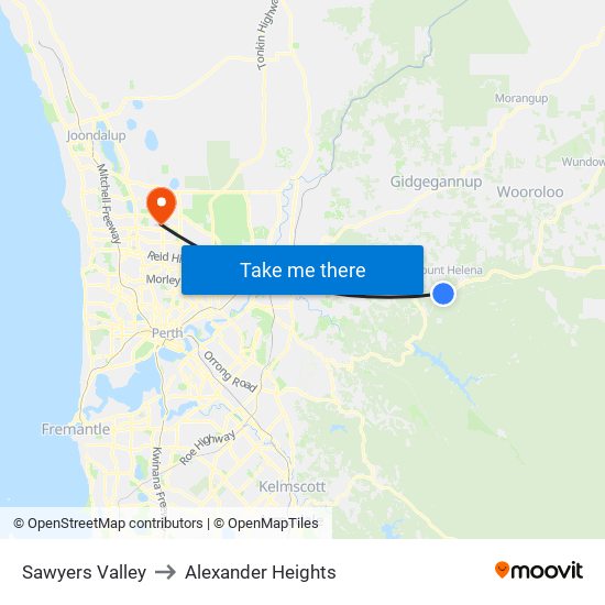 Sawyers Valley to Alexander Heights map