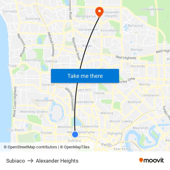 Subiaco to Alexander Heights map