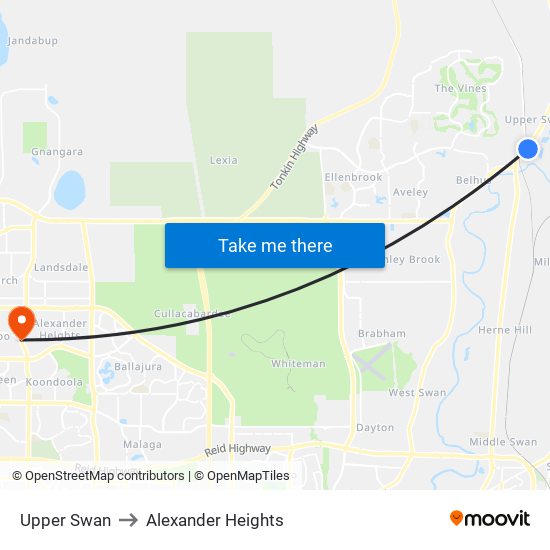 Upper Swan to Alexander Heights map