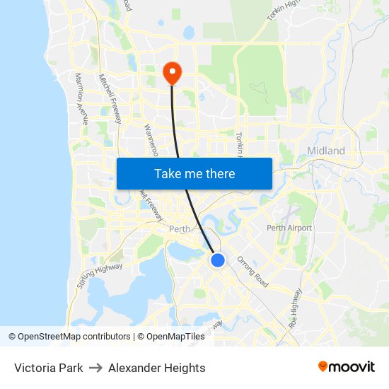 Victoria Park to Alexander Heights map