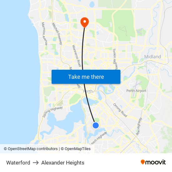 Waterford to Alexander Heights map