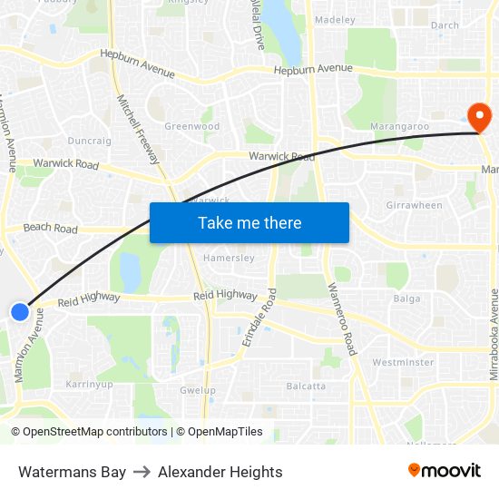 Watermans Bay to Alexander Heights map