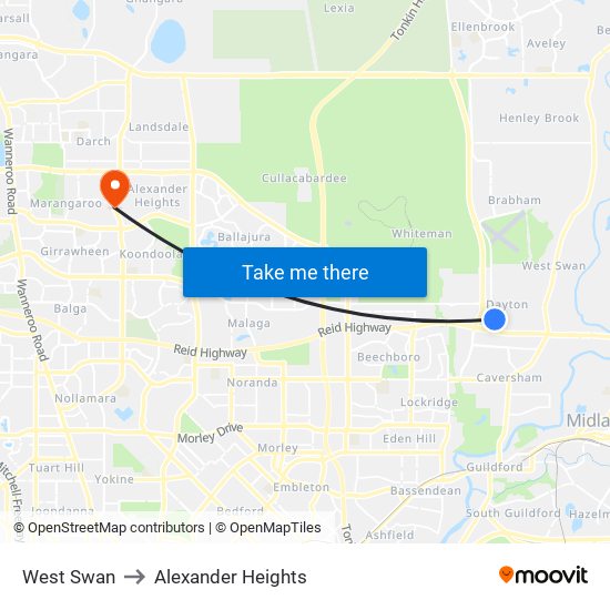 West Swan to Alexander Heights map