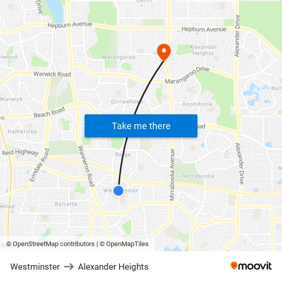 Westminster to Alexander Heights map