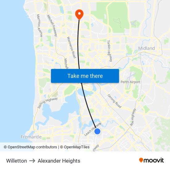 Willetton to Alexander Heights map