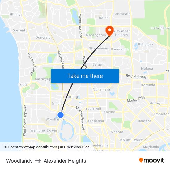 Woodlands to Alexander Heights map