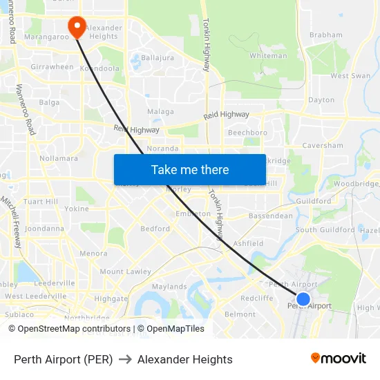 Perth Airport (PER) to Alexander Heights map