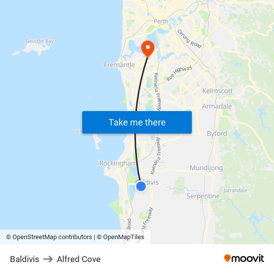 Baldivis to Alfred Cove map