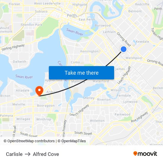 Carlisle to Alfred Cove map