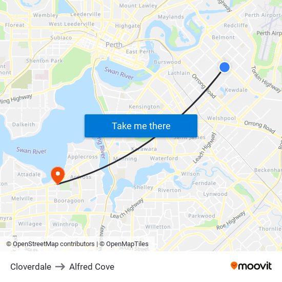 Cloverdale to Alfred Cove map