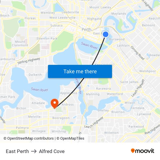 East Perth to Alfred Cove map