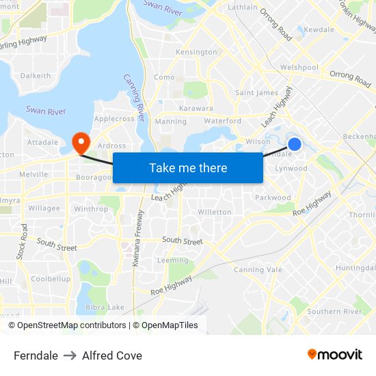 Ferndale to Alfred Cove map