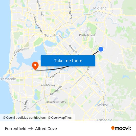 Forrestfield to Alfred Cove map