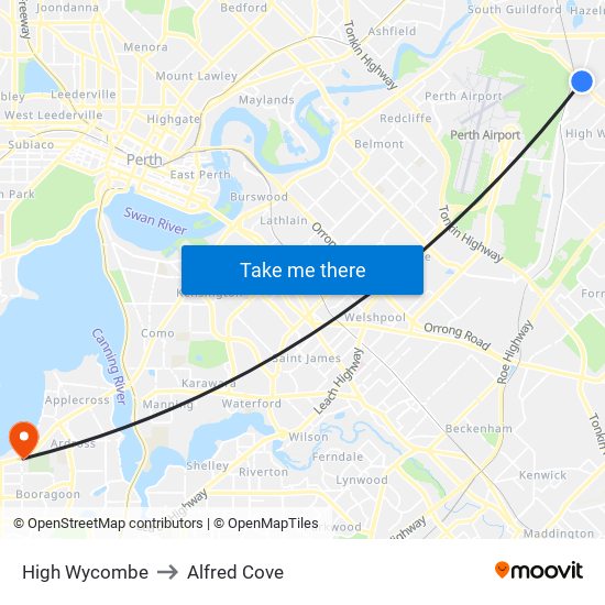 High Wycombe to Alfred Cove map