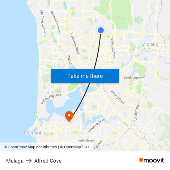 Malaga to Alfred Cove map