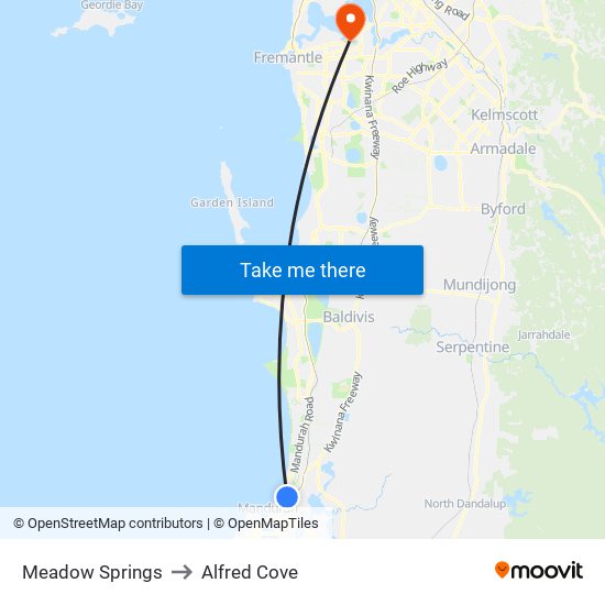 Meadow Springs to Alfred Cove map