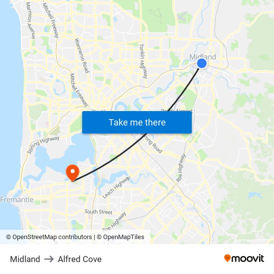 Midland to Alfred Cove map